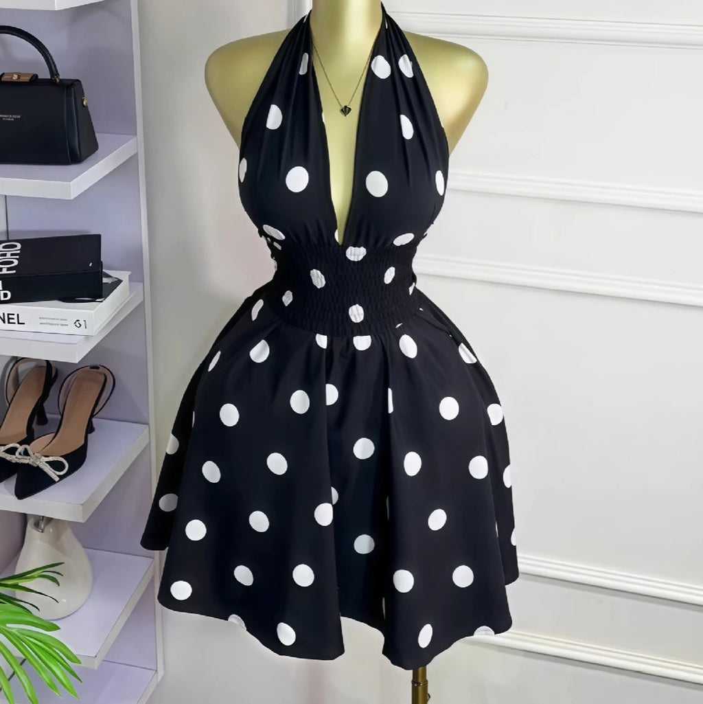 Women’s Polka Dot Sleeveless Halter V-Neck A-Line Mini Dress