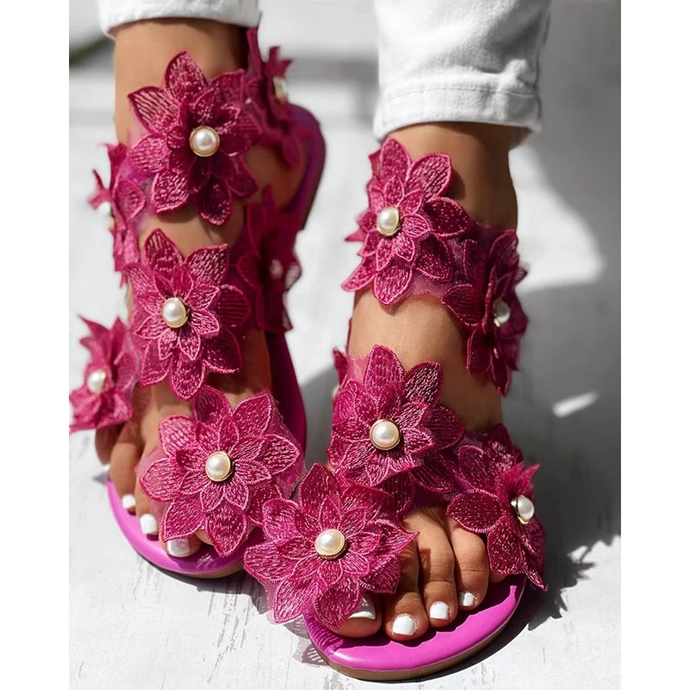 Beautiful Summer Ring Flower Flat Sandals