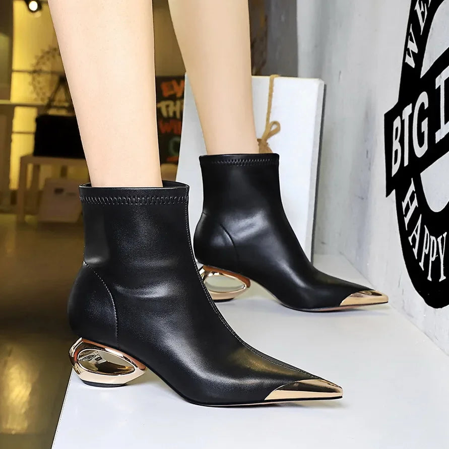 Metal Pointed Toes Ankle  Boots With Hollow Heel Iron Head