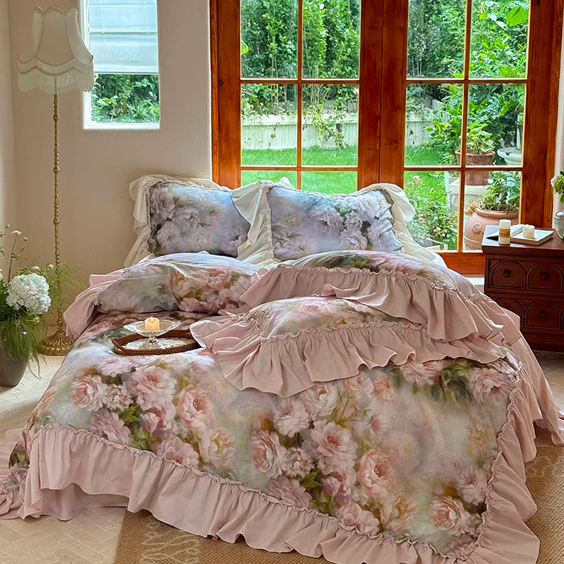 Luxurious  Chic Vintage Rose French Ruffle Fringe Bedding Set 100% Cotton