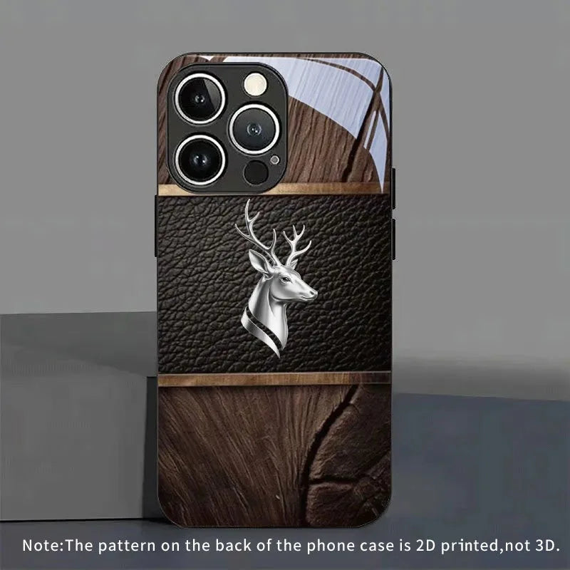 Tempered Glass Deer Head Case for iPhone – Curved Luxury Black Phone Cover
