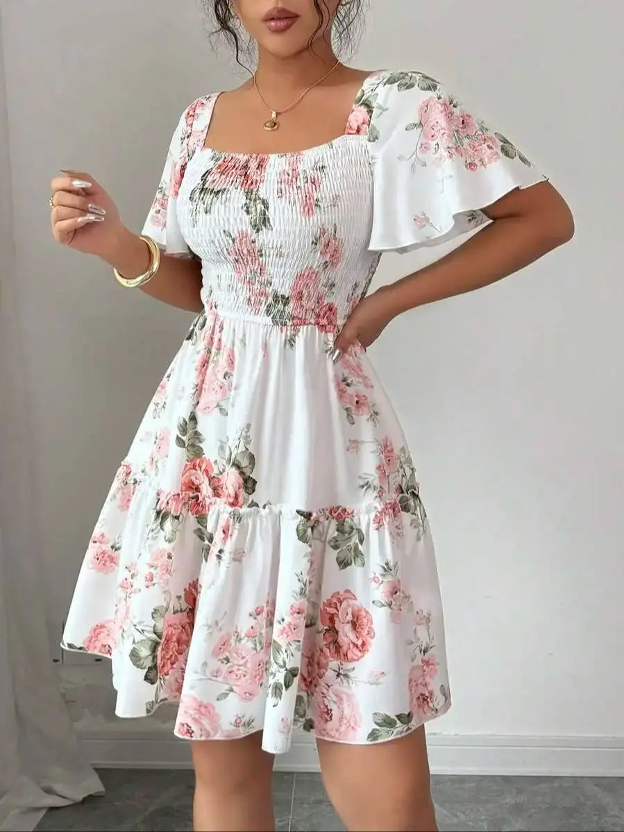 Women’s Floral Print Ruffle Hem Casual Dress with Sashes & Short Sleeves