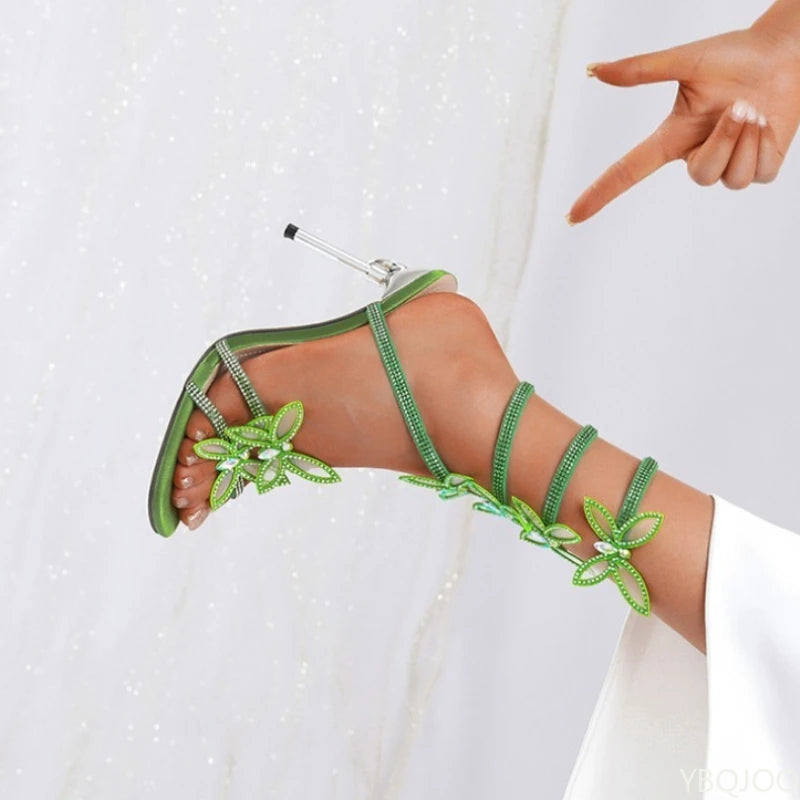 Luxurious French Style Water Diamond Bow High Heels Wrapped Sandals