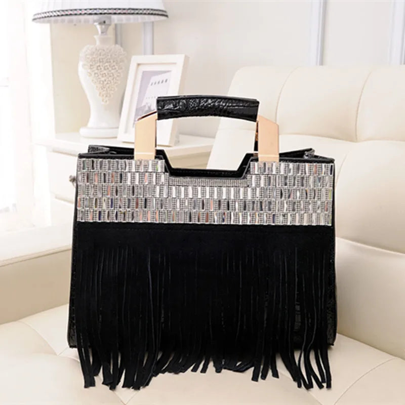 Genuine Tote Leather Handbag With Tassel Rhinestone