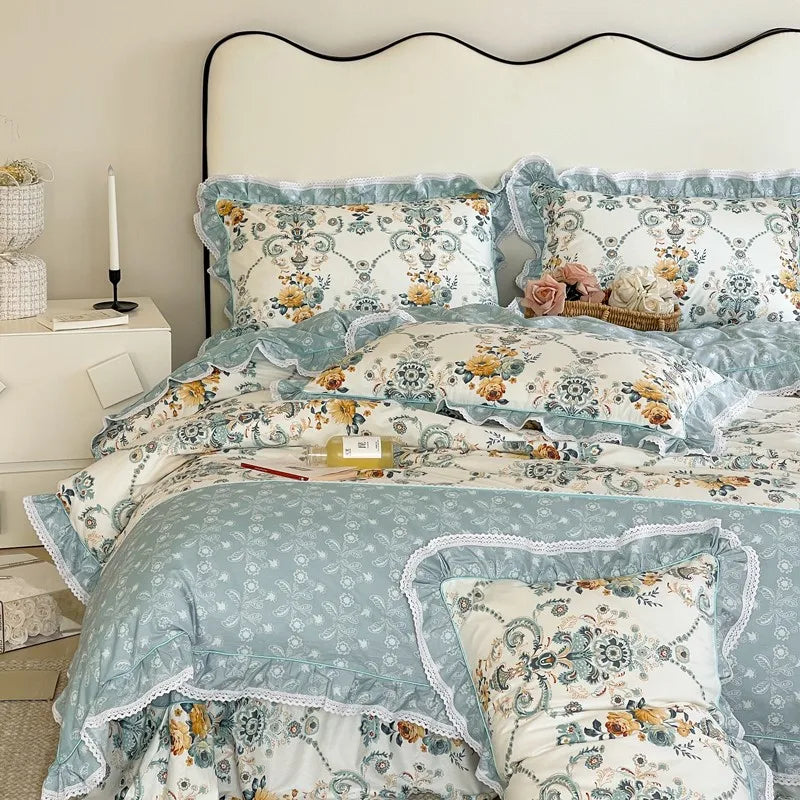 Elegant Ruffle Elegant Vintage Floral Bedding Set 100% Cotton