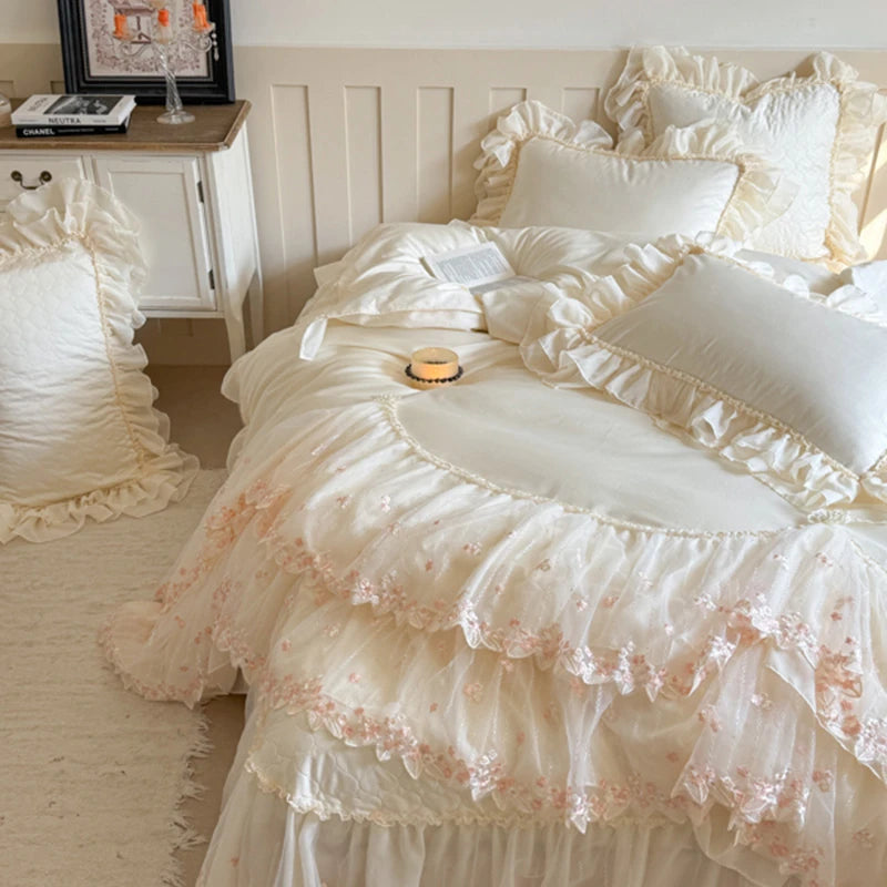 Elegant White/Pink Lace Ruffle Egyptian Cotton Bedding Set