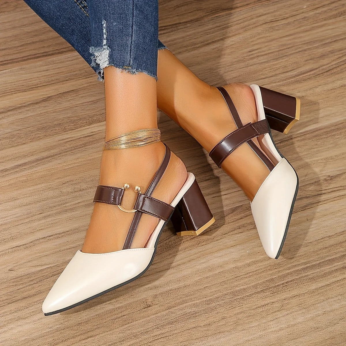 Two-Color Pointed Toe Block Sandals