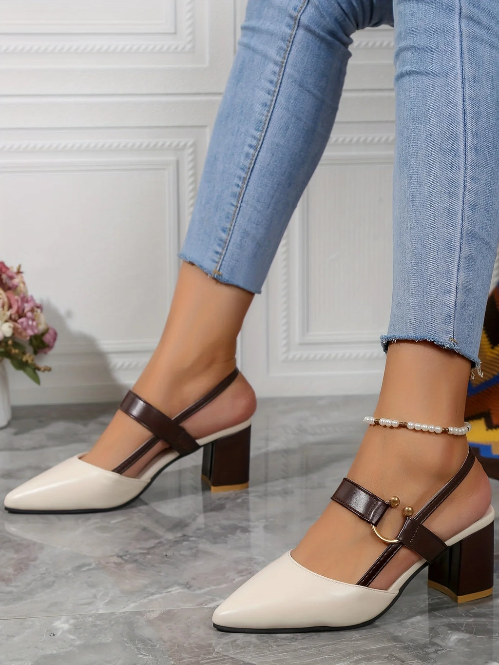 Two-Color Pointed Toe Block Sandals