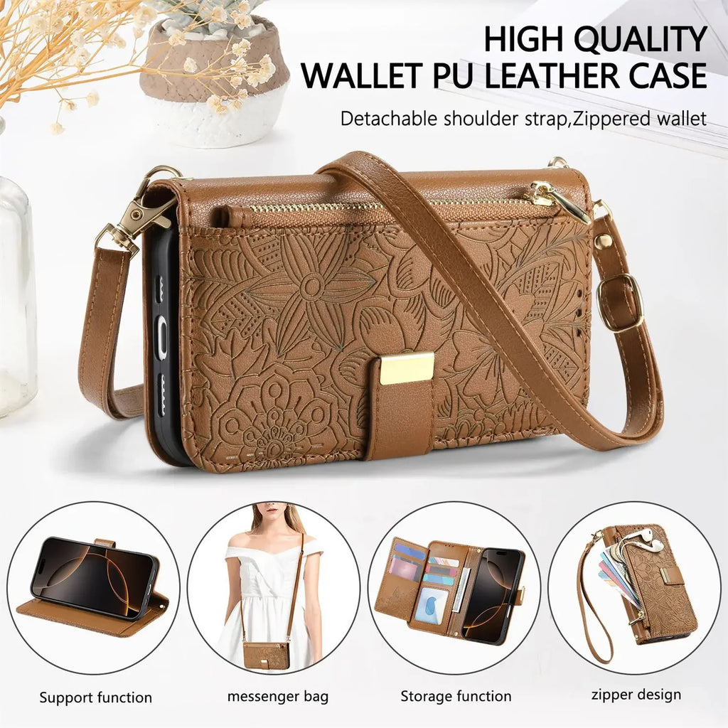 Leather Zipper Wallet Crossbody iPhone Case