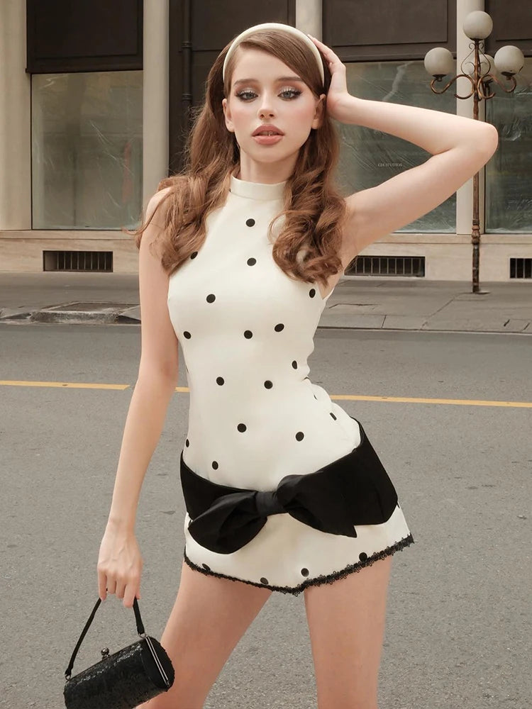 Chic Polka Dot Bodycon Dress Sleeveless Lace Bow