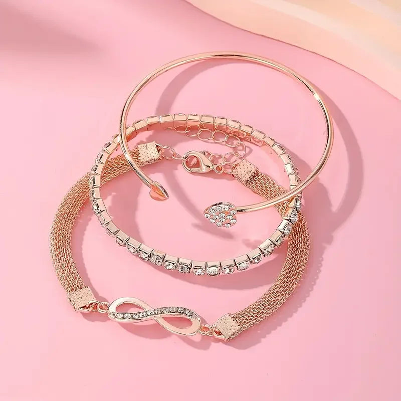 3pcs/Set Vintage Crystal Rhinestone Heart Bracelets