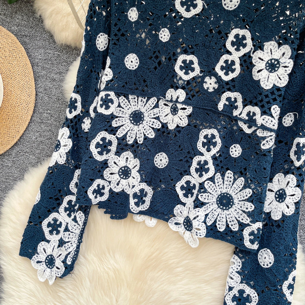 Elegant Hollow Floral Knit Pullover
