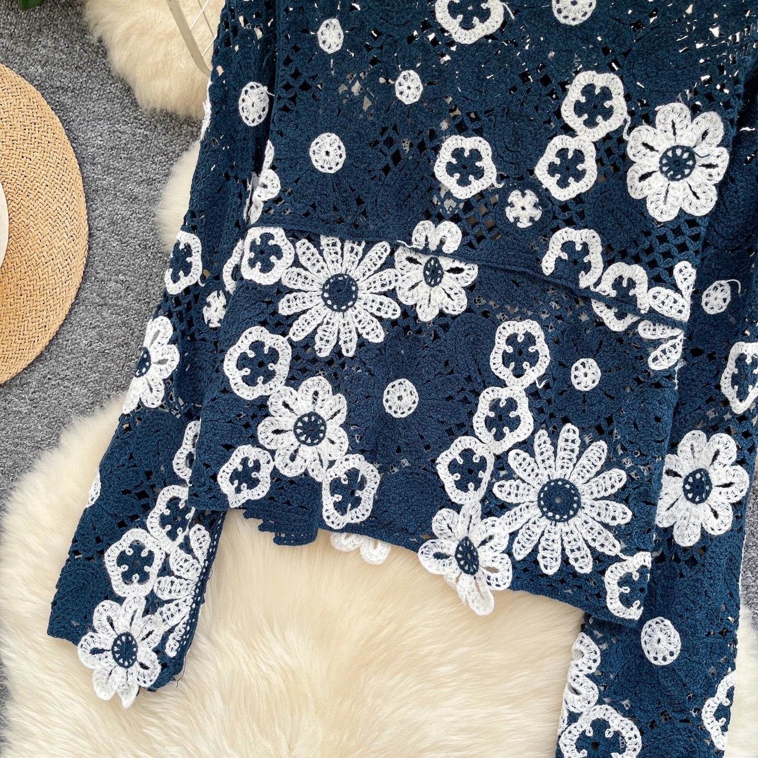 Elegant Hollow Floral Knit Pullover