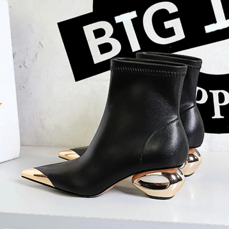 Metal Pointed Toes Ankle  Boots With Hollow Heel Iron Head