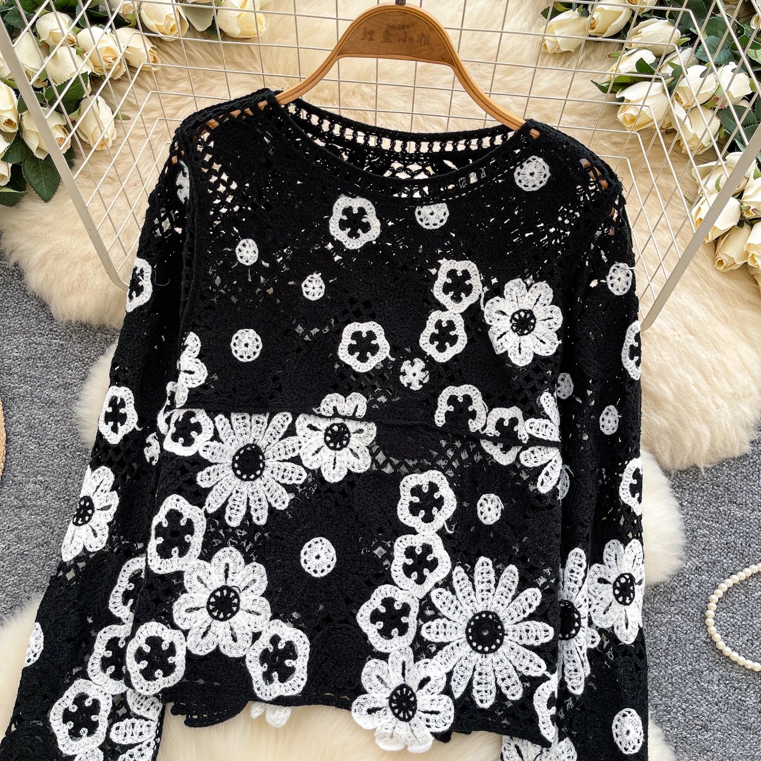 Elegant Hollow Floral Knit Pullover