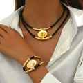 Vintage Oval Metal Faux Leather Necklace Bracelet Jewelry Set