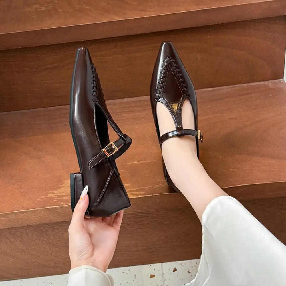 Women’s Genuine Leather T-Strap Pointed Toe Flats