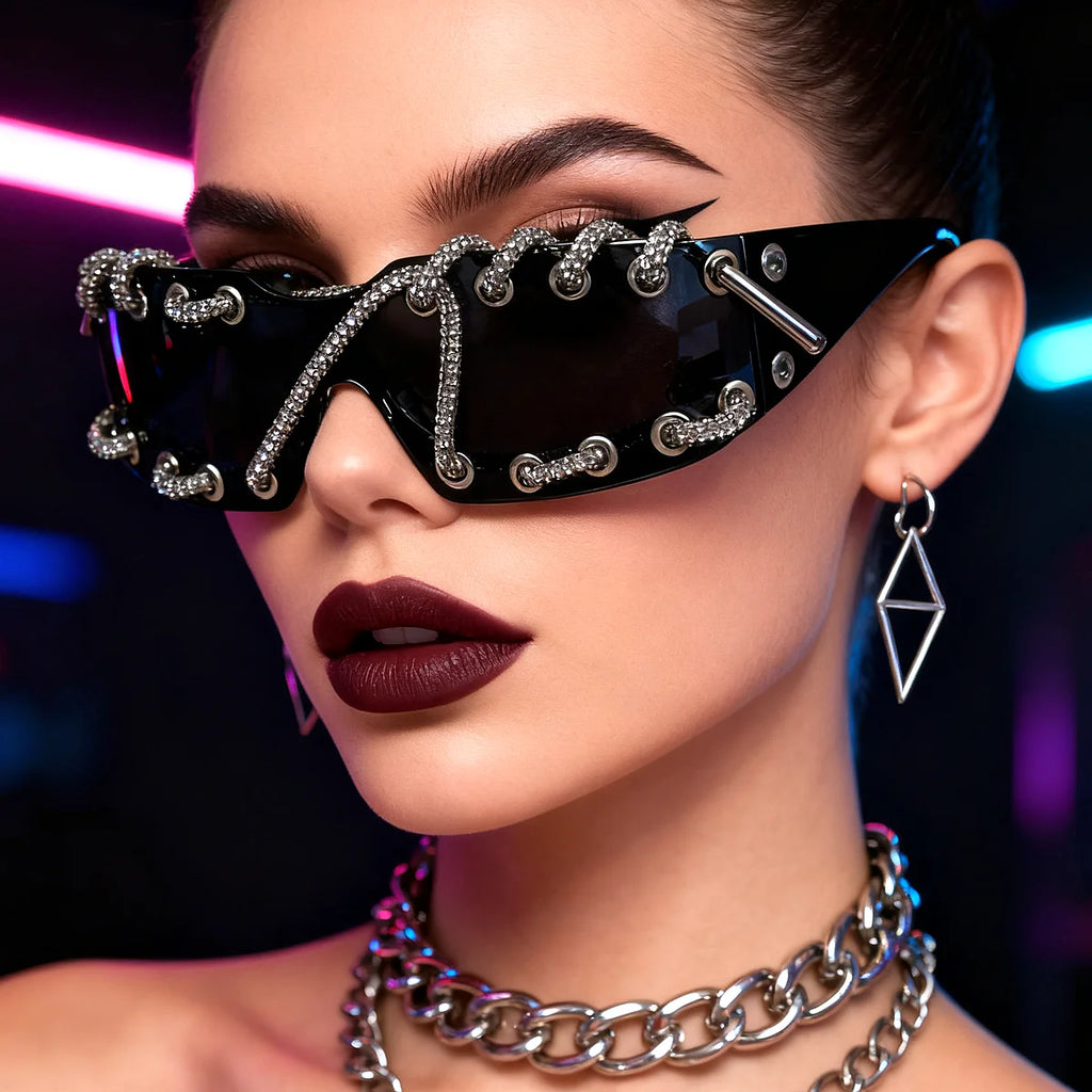 Frameless Crystal Chain One-Piece Sunglasses