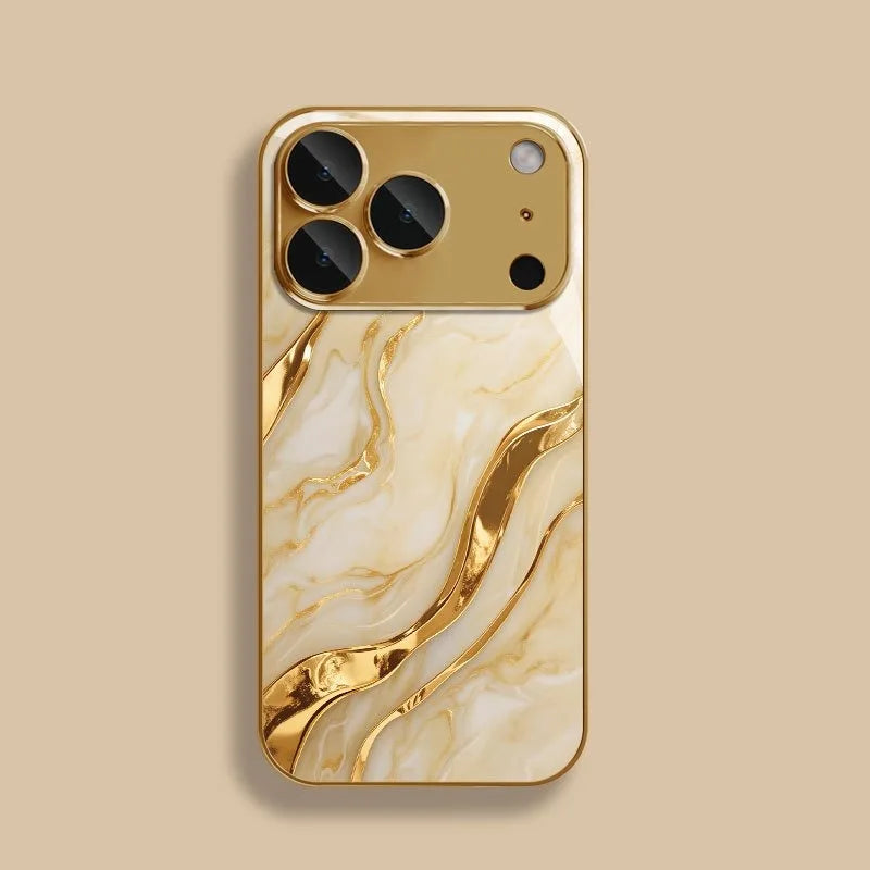Golden Marble Waves Metallic Tempered Glass iPhone Case
