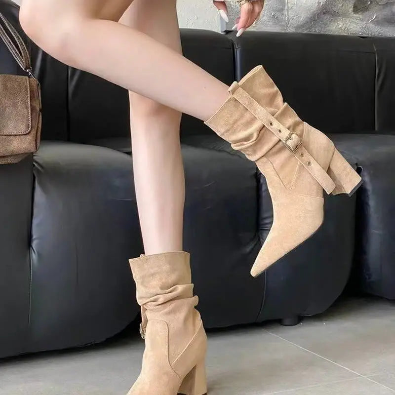 Pointed Toe Suede Buckle Ankle Boots