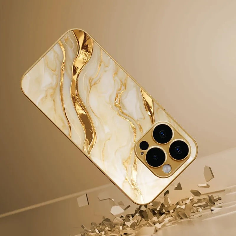 Golden Marble Waves Metallic Tempered Glass iPhone Case
