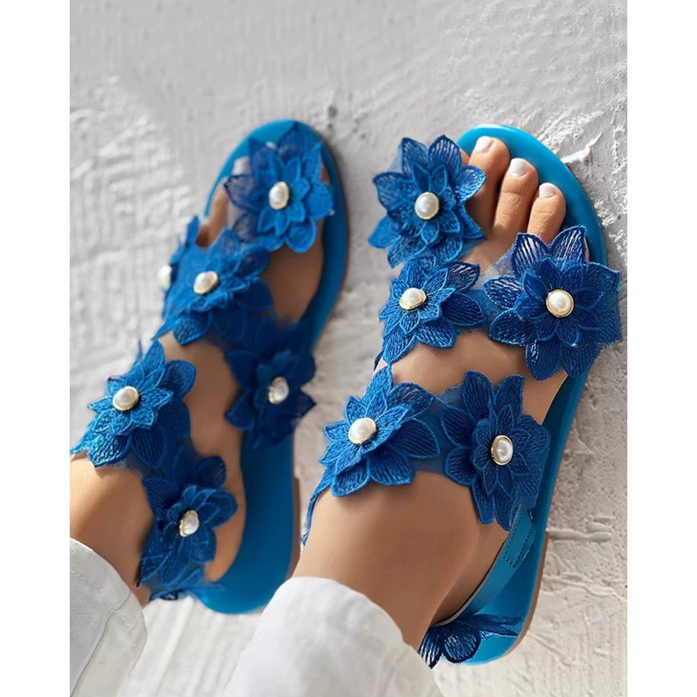 Beautiful Summer Ring Flower Flat Sandals