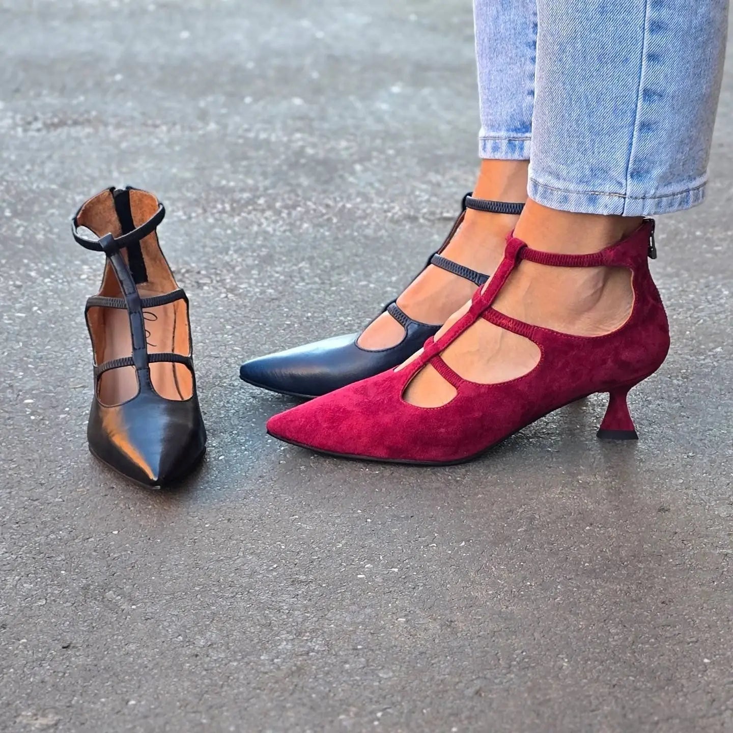 Suede Pointed Toe T-shaped Women's Shoes With Back Zip