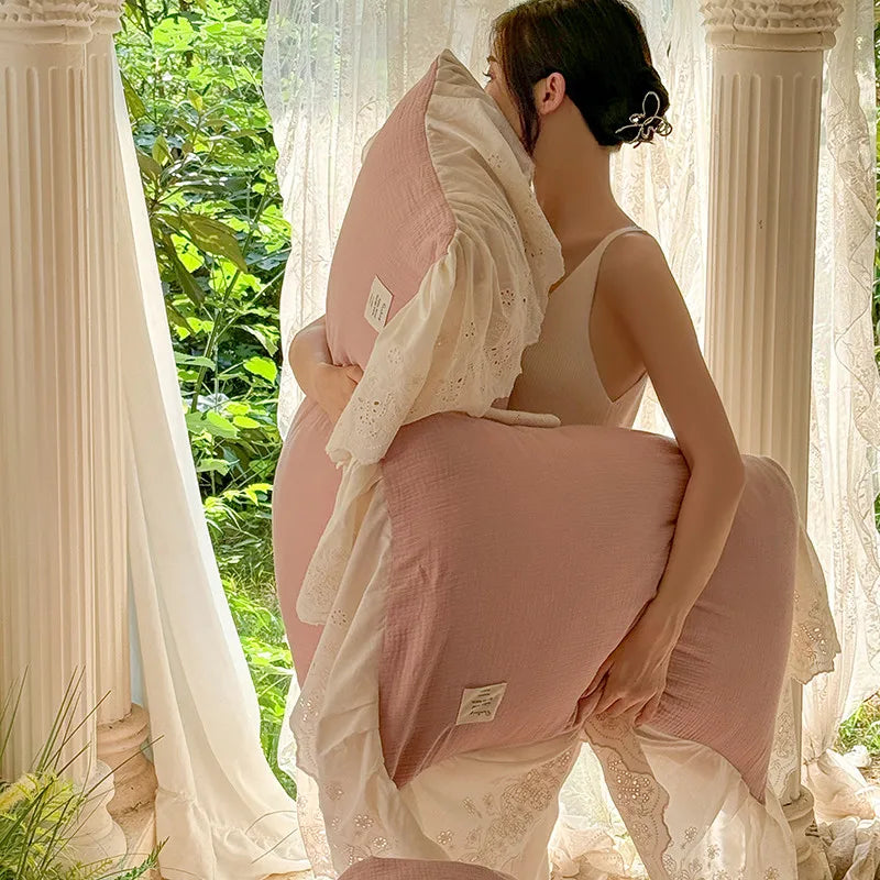 Elegant Wide Lace Solid Bedding Set
