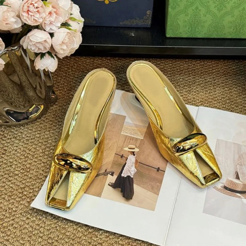 Square Toe Metal Buckle Wedge Retro Baotou Women's Sandals