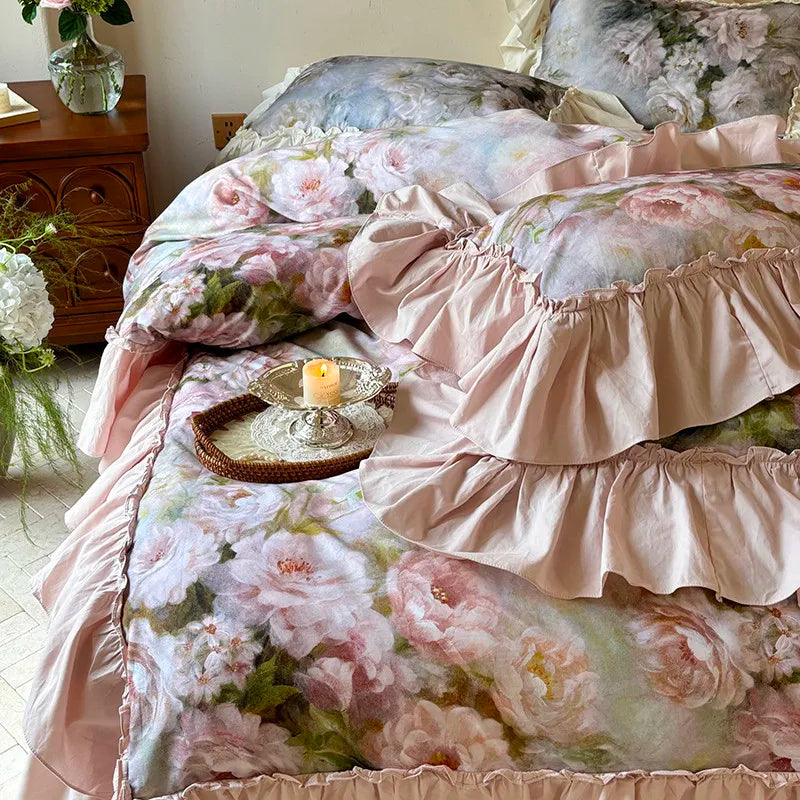 Luxurious  Chic Vintage Rose French Ruffle Fringe Bedding Set 100% Cotton