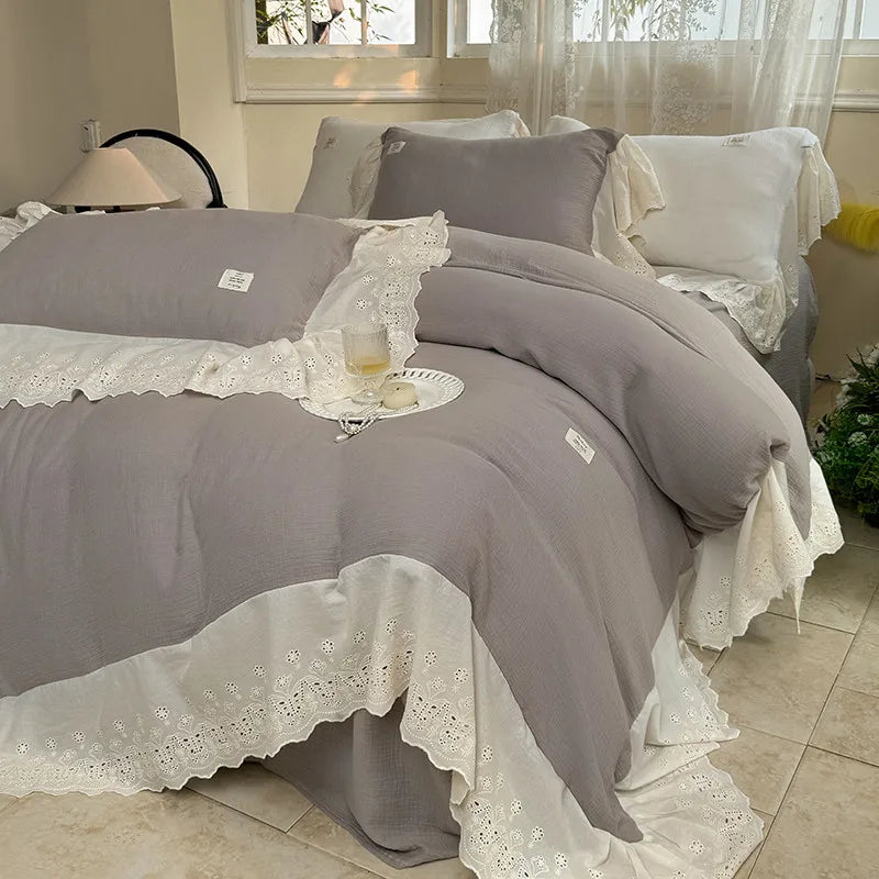 Elegant Wide Lace Solid Bedding Set