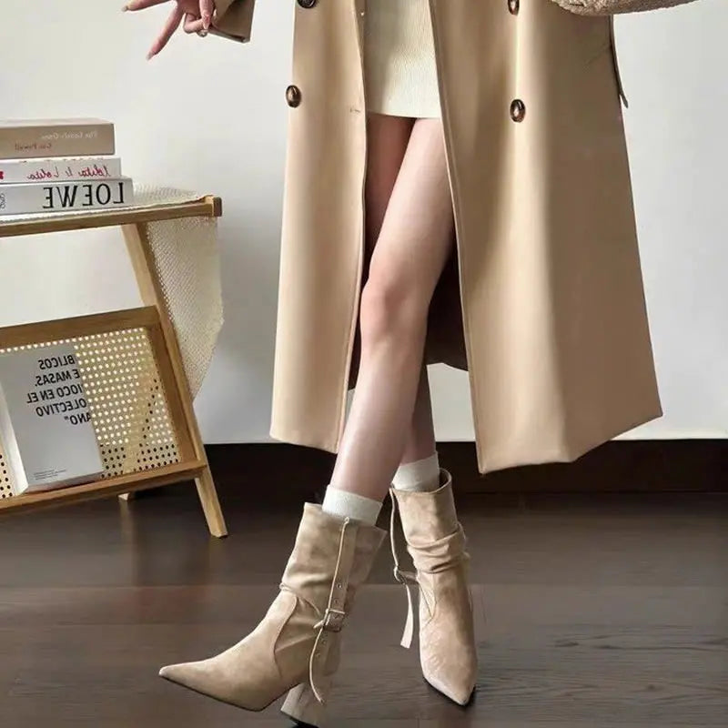 Pointed Toe Suede Buckle Ankle Boots