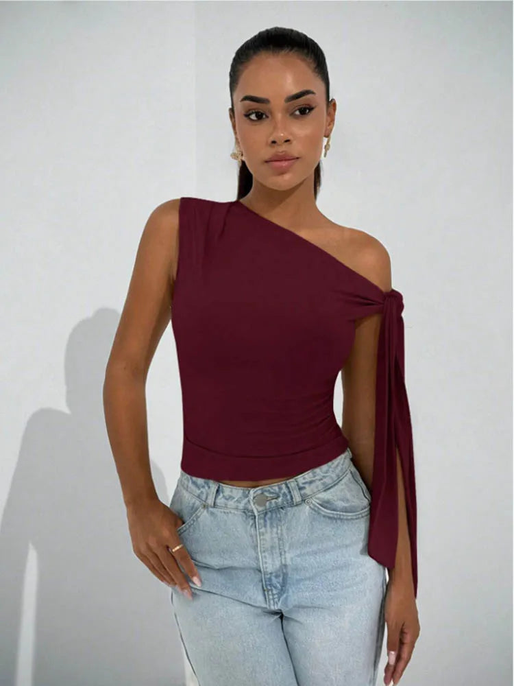 Women’s Elegant Sleeveless Slim Fit Top with Knot Necktie