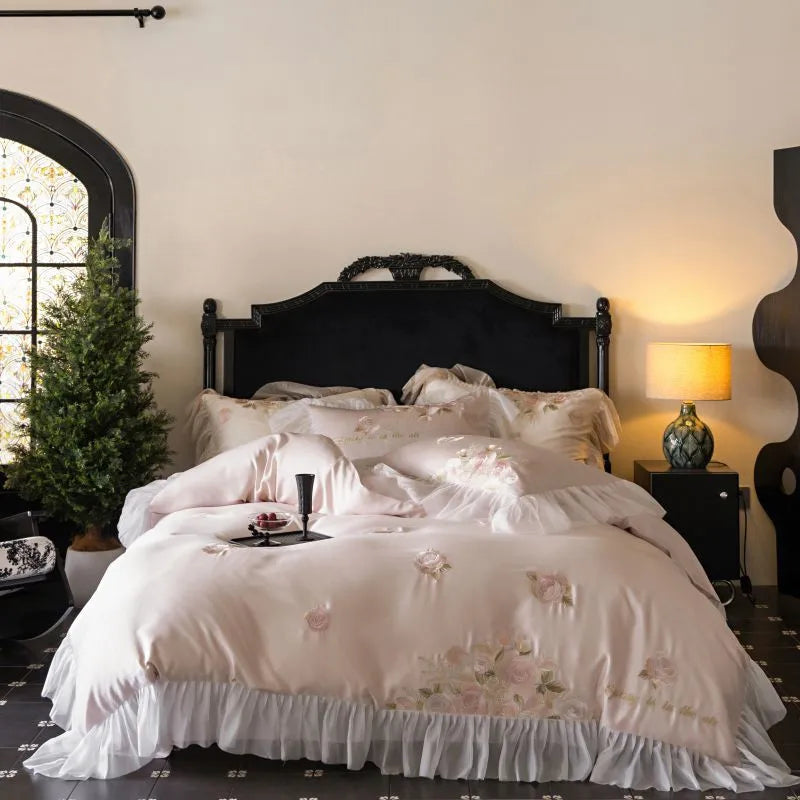 Beautiful Flowers Embroidery Ruffle Bedding Set 100% Cotton