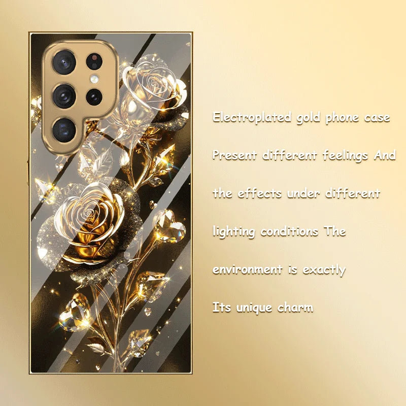 Rose Phone Case for Samsung Galaxy – Electroplated Glass TPU Shockproof Cover