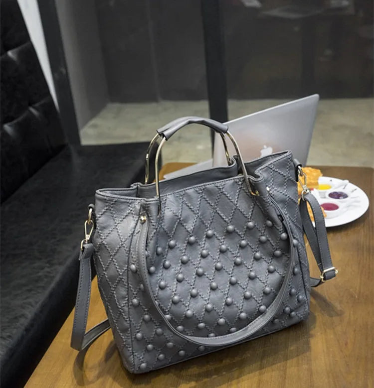 Soft Black Genuine Leather Rivet Large Handbag