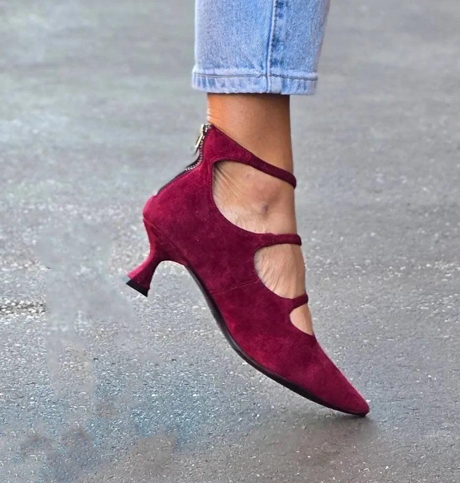 Suede Pointed Toe T-shaped Women's Shoes With Back Zip