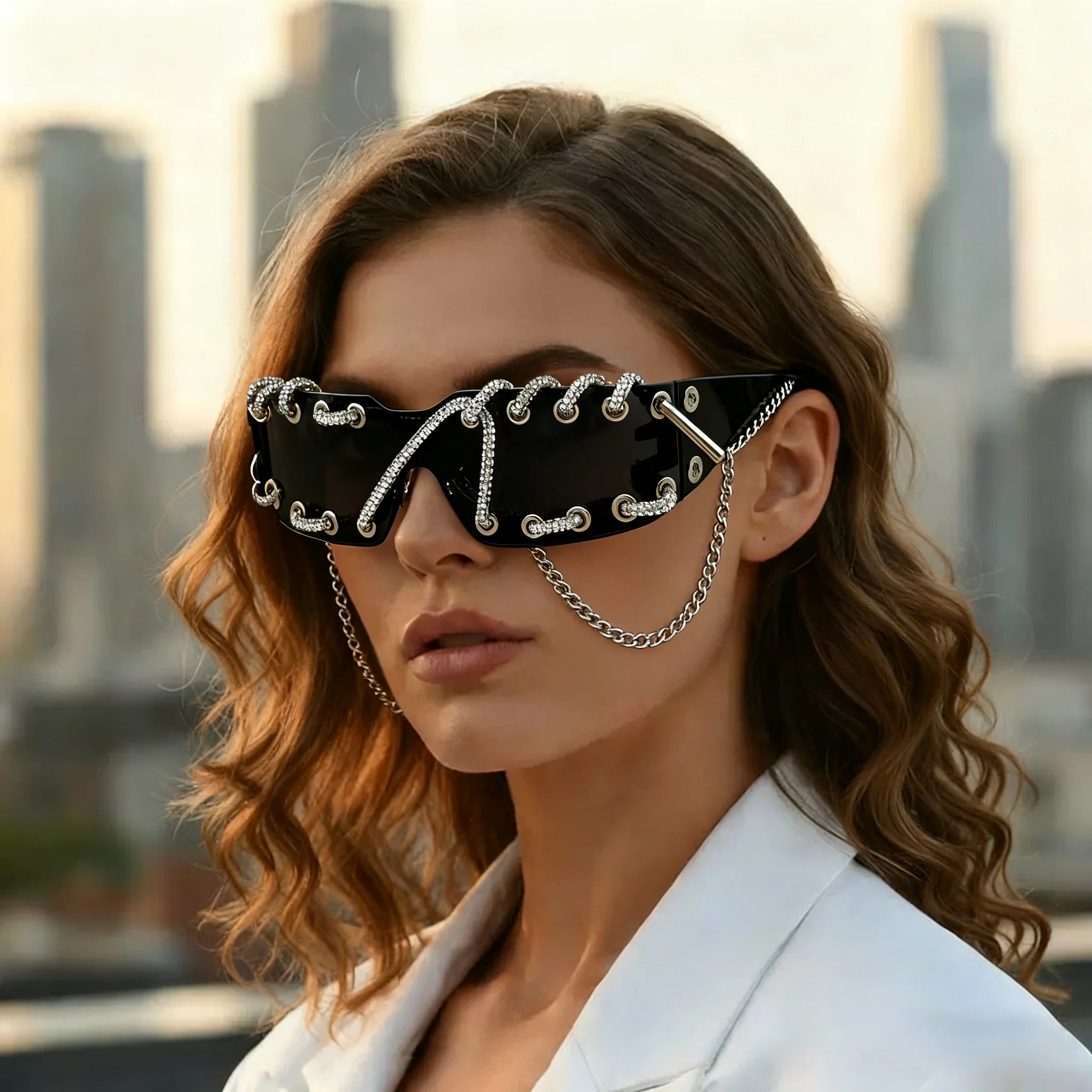 Frameless Crystal Chain One-Piece Sunglasses