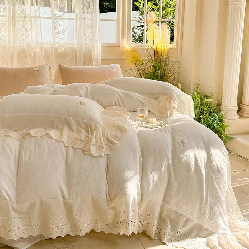 Elegant Wide Lace Solid Bedding Set