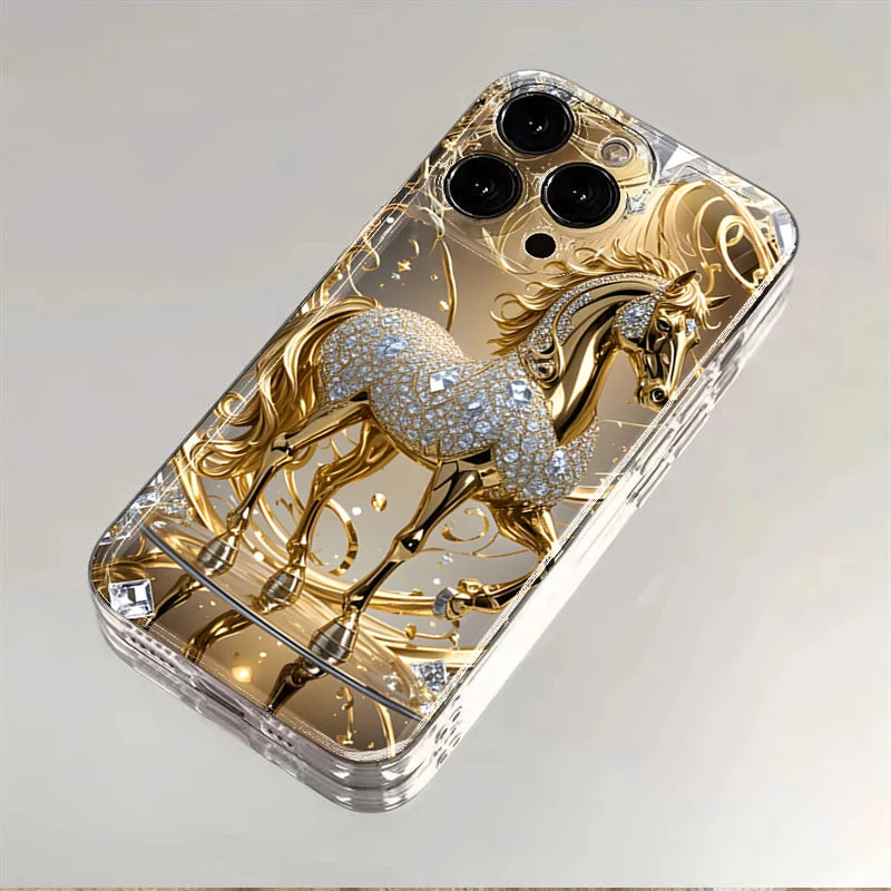 Golden Horse Diamond Printed Phone Case For iPhone