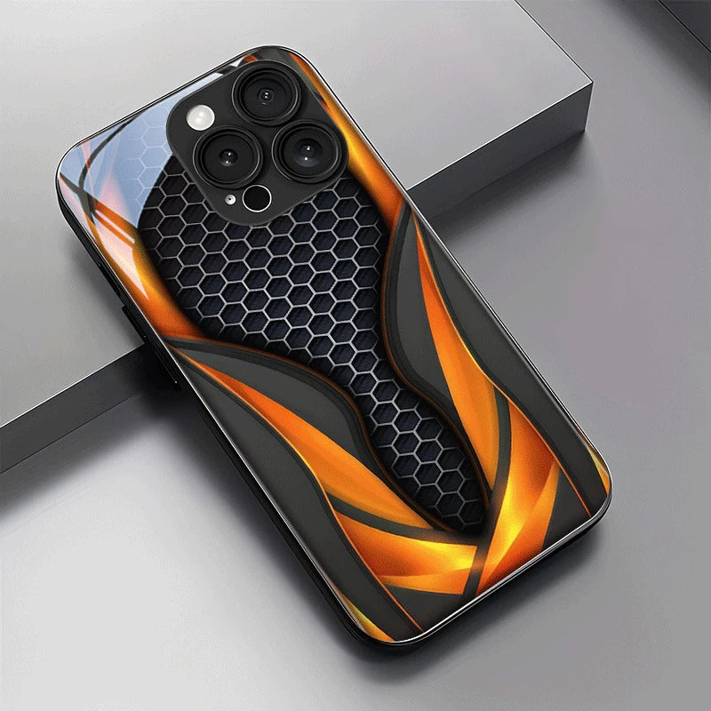 Black Orange Honeycomb Pattern Tempered Glass Phone Case for iPhone