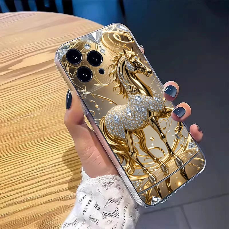 Golden Horse Diamond Printed Phone Case For iPhone