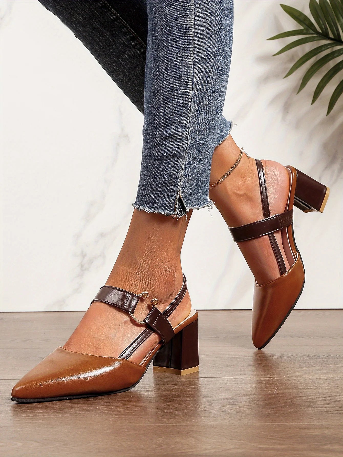 Two-Color Pointed Toe Block Sandals