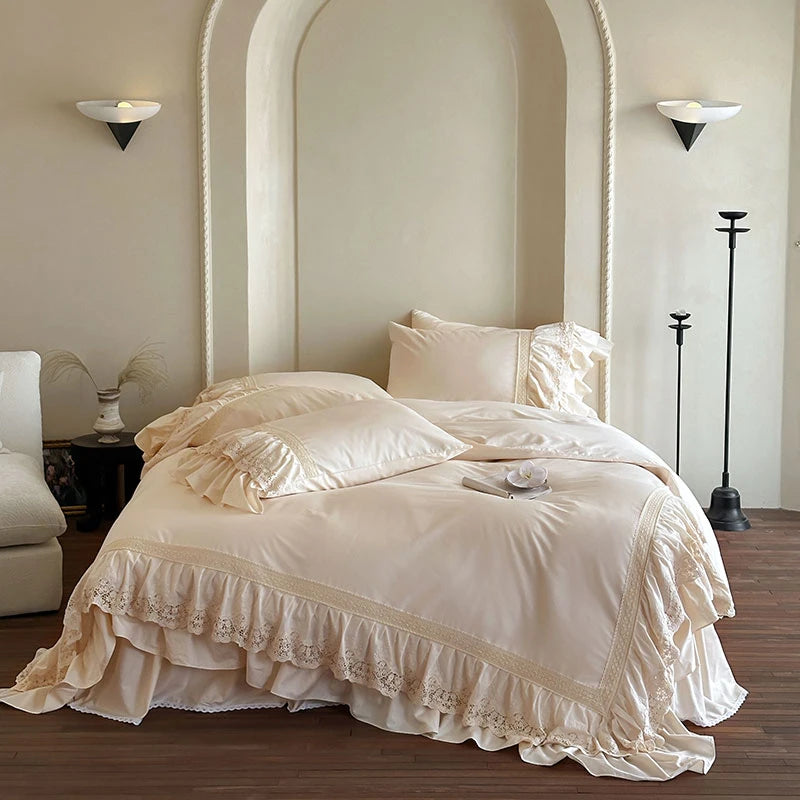 Elegant French Lace Ruffle Bedding Set 100% Cotton