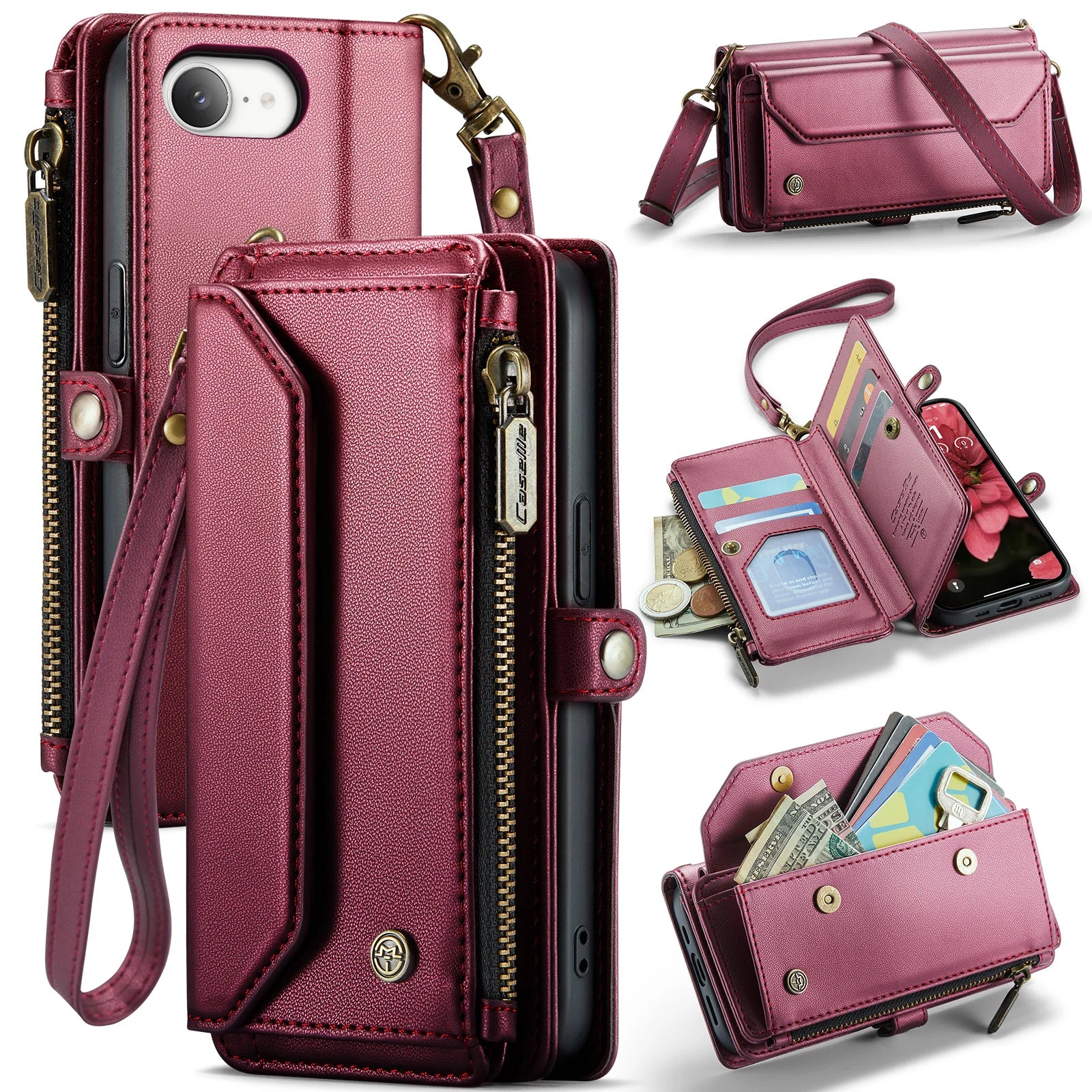 Leather Strap Zipper Card Holder Phone Wallet  Case for iPhone