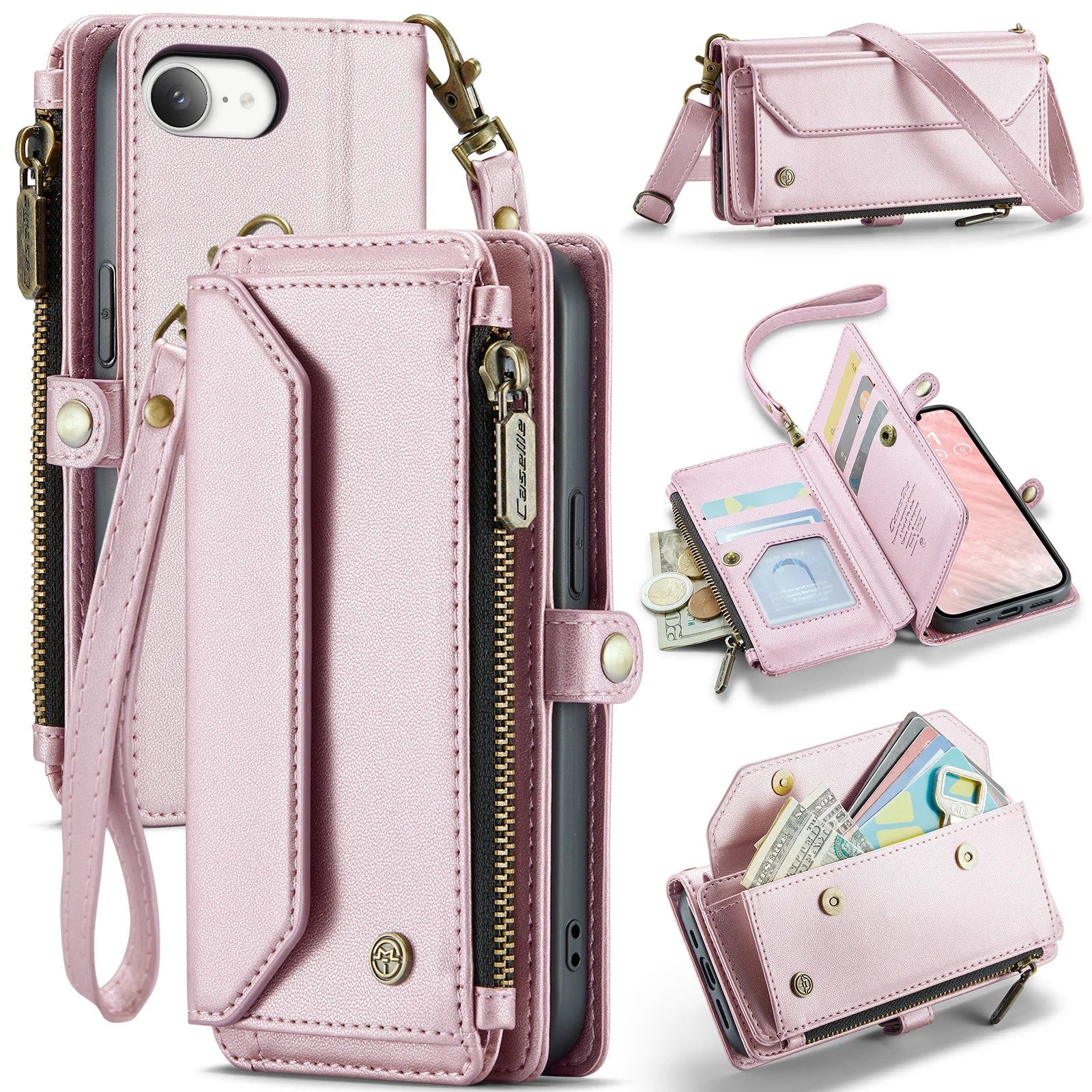 Leather Strap Zipper Card Holder Phone Wallet  Case for iPhone
