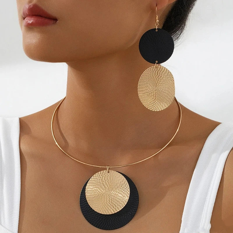 3pc/set Large Round Earrings Collar Necklace Set