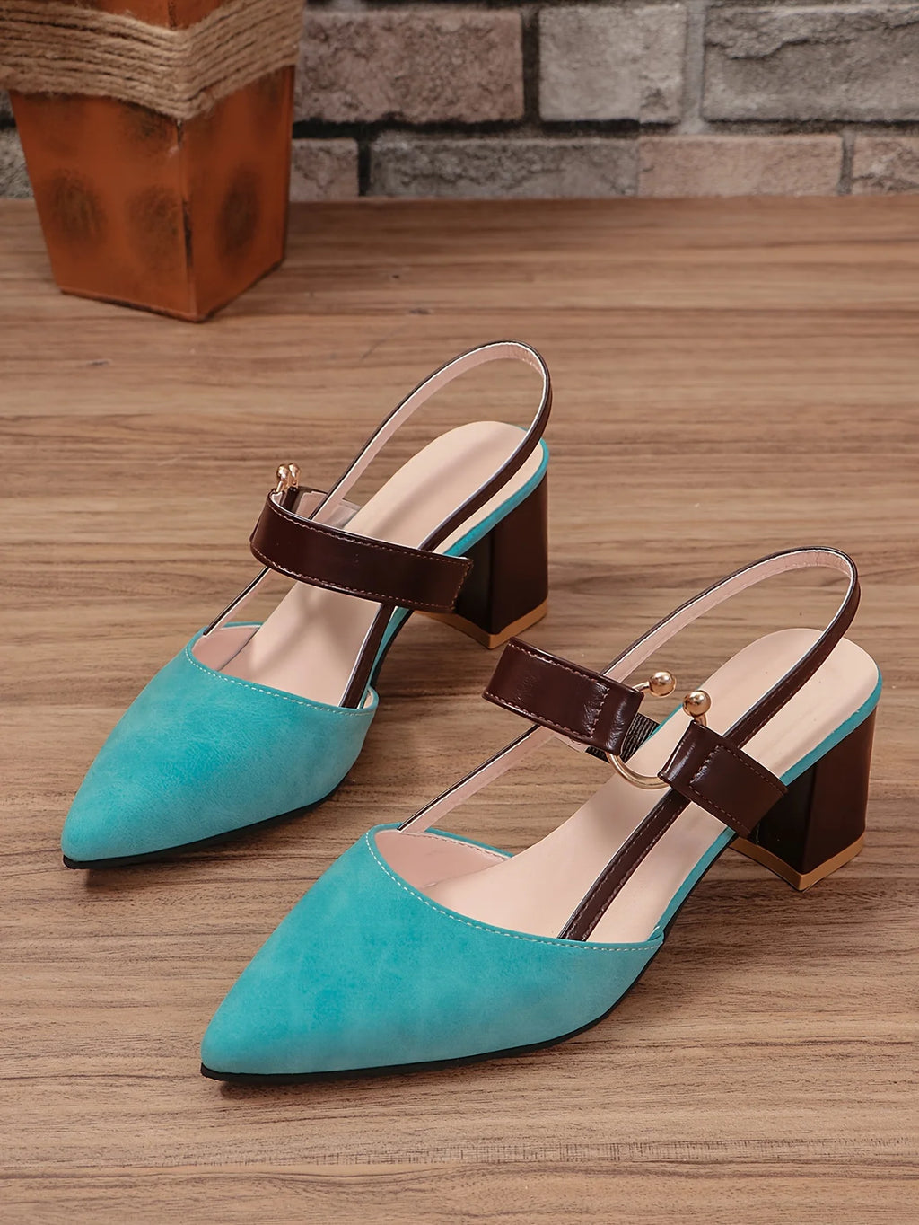 Two-Color Pointed Toe Block Sandals