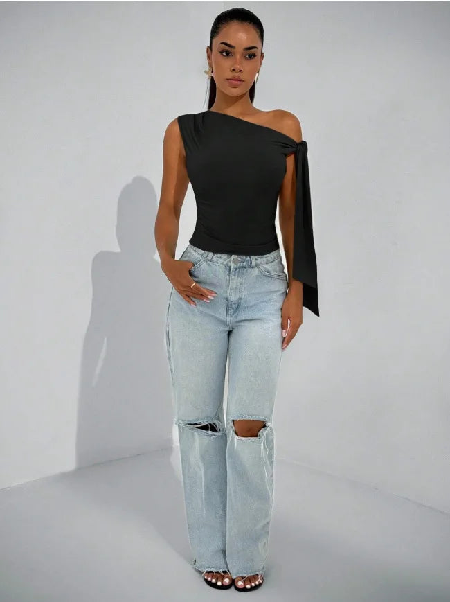 Women’s Elegant Sleeveless Slim Fit Top with Knot Necktie