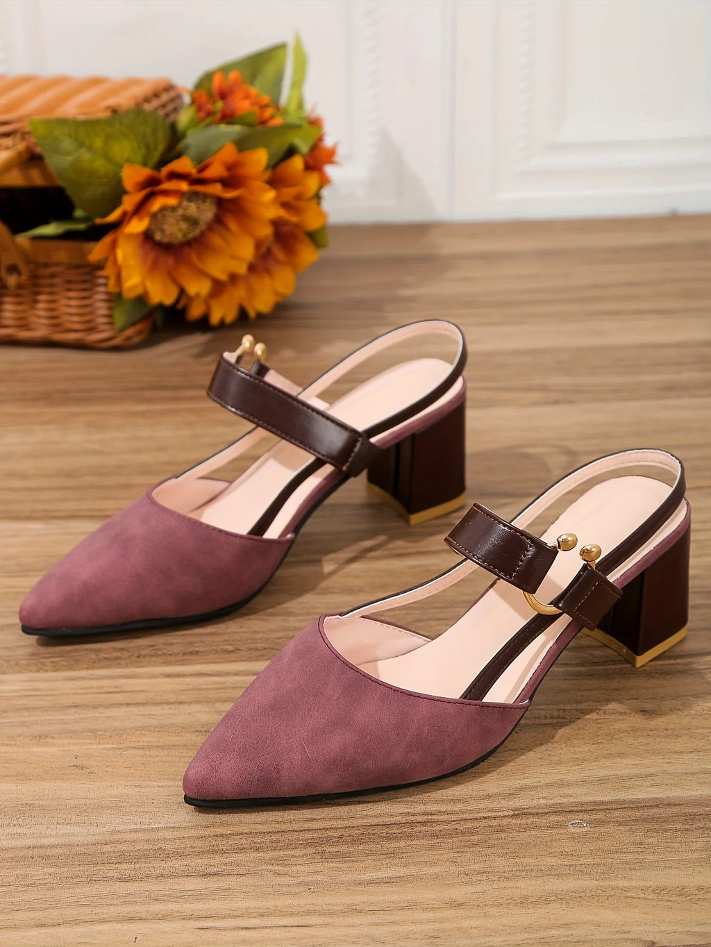 Two-Color Pointed Toe Block Sandals